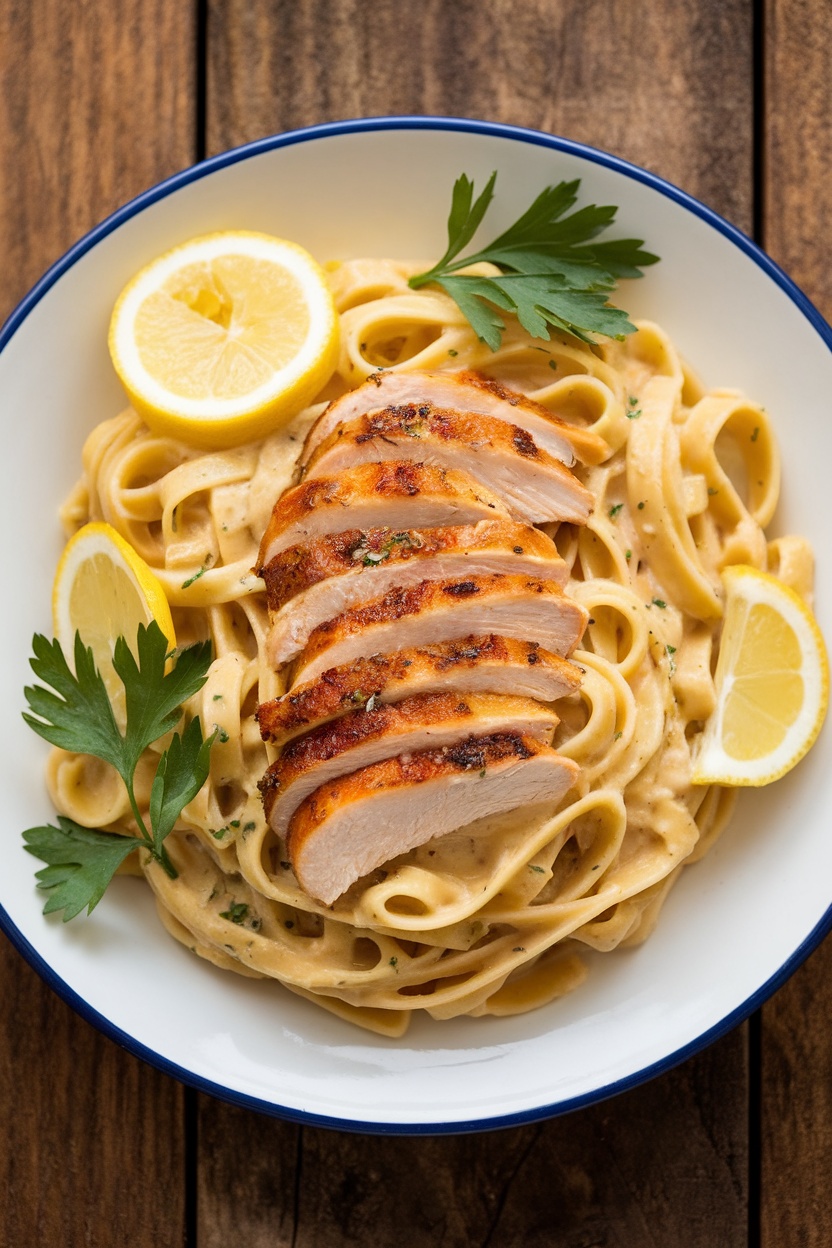 Creamy Lemon Garlic Chicken Fettuccine Piccata with parsley and lemon slices on a plate.